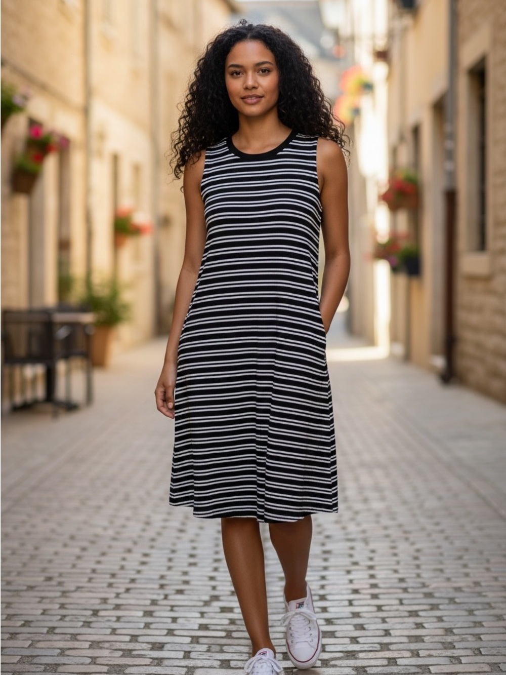 Time and Tru Black White Striped Swing Dress S 4-6 Pockets